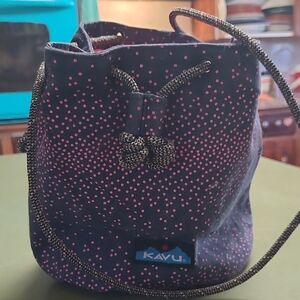 Kavu Navy Crossbody Bucket Bag with Pink Dot Print